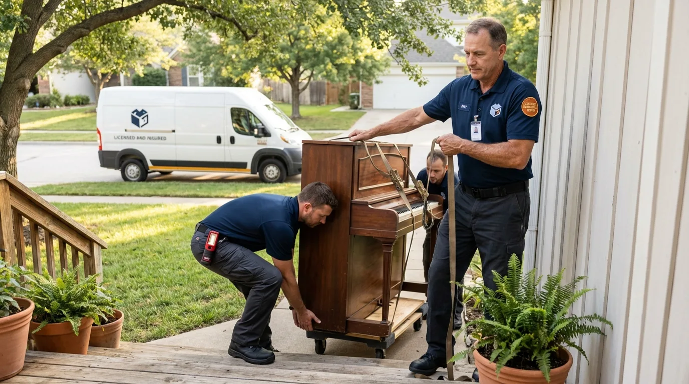 Licensed piano movers securing grand piano in Mountain Top, PA