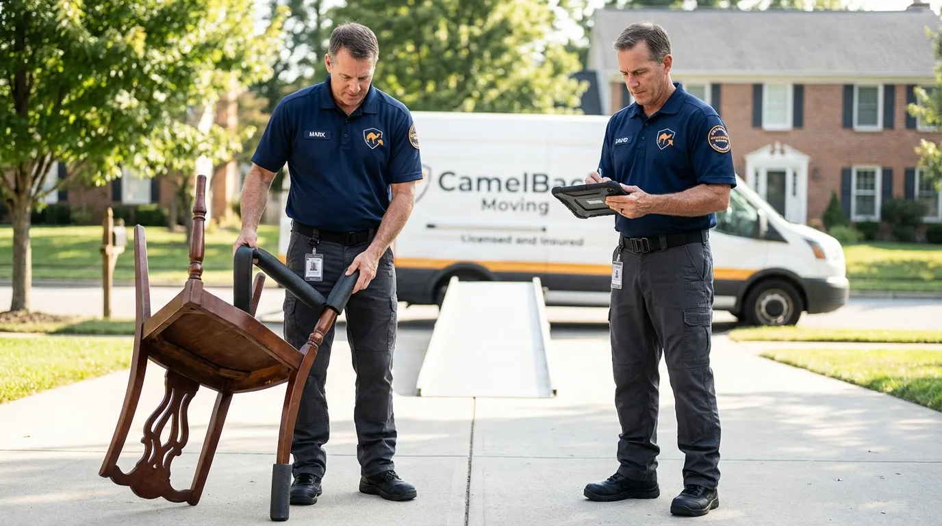 Movers inspecting furniture for damage prevention before loading in Mountain Top, PA