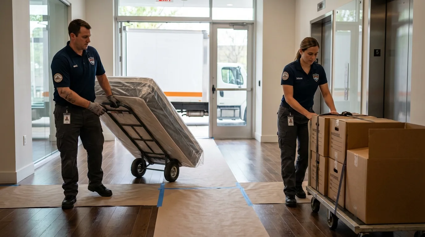 Professional apartment movers loading elevator in Mountain Top, PA